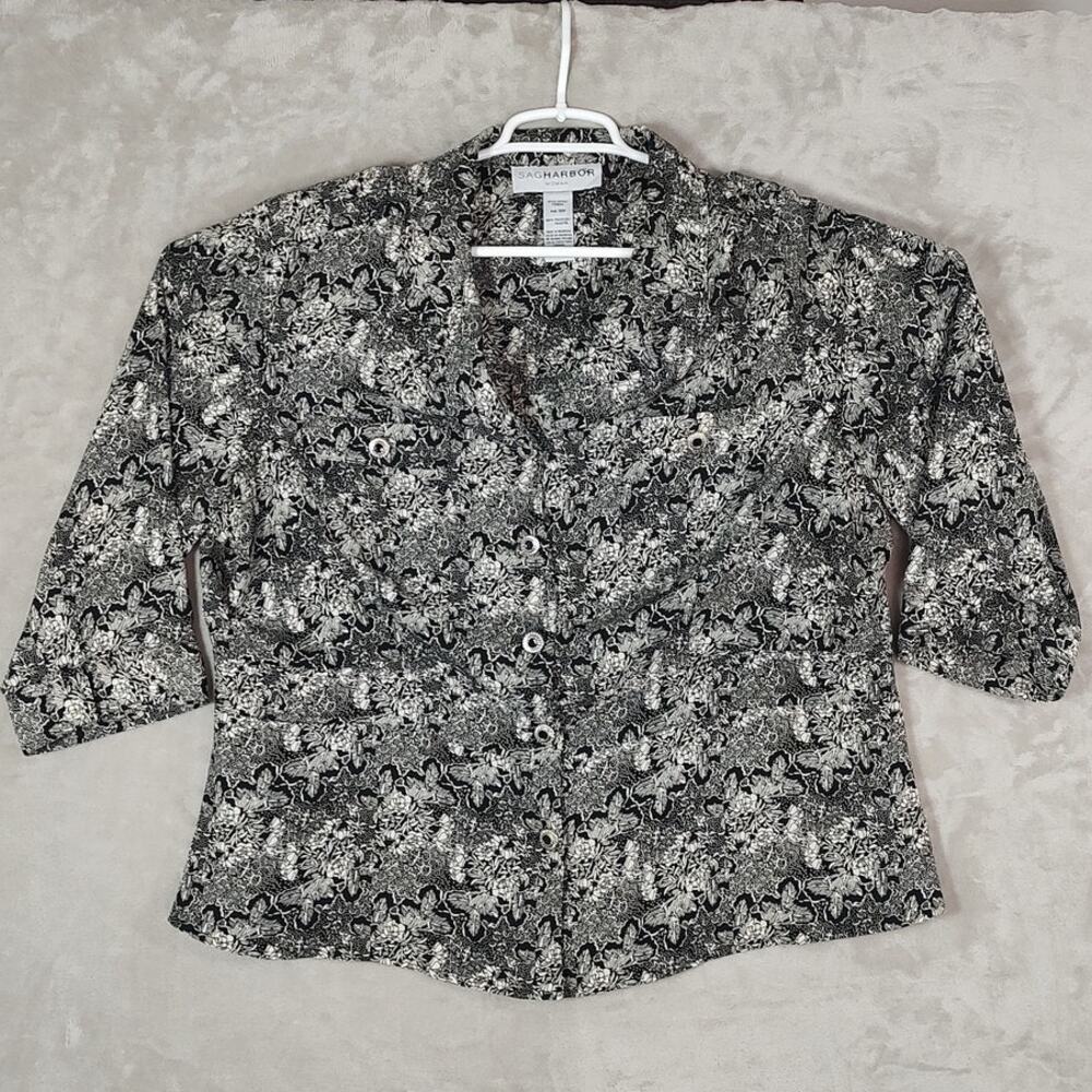 Sag Harbor Woman 20W Floral Blouse Black White Button Down 3/4 Sleeve Polyester